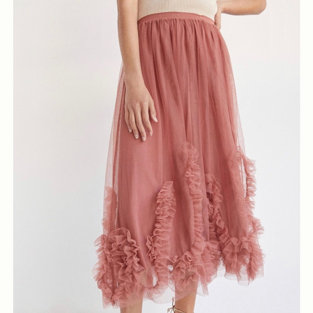 Anthropologie Coral Tulle Midi Skirt